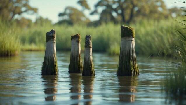 Aerial roots of water-sticking cypresses growing in swamp with epiphytic Tillandsia plants, reflection of plants in calm water, Forest of Swamp Cypresses, Okefenokee Swamp, Georgia, USA - Powered by Adobe