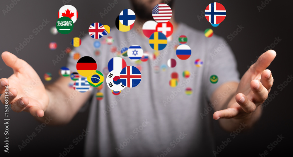 Aufkleber image of a man with flags of many countries floating around him, representing global connections and