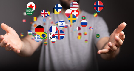 Image of a man with flags of many countries floating around him, representing global connections...
