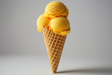 Three Scoops of Mango Ice Cream in a Waffle Cone on a Gray Background