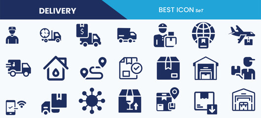 Best delivery solid icon set collection. Package, earnings, fast shipping, courier service, parcel tracking and vector illustration.