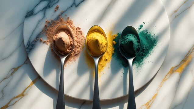 Banner of ginger and turmeric powder and Hawaiian spirulina in tablespoons on the board and white marble table; healthy supplements and superfoods used in cooking.