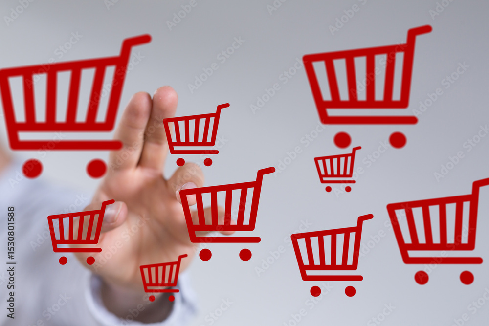 Aufkleber image of hand interacting with multiple red shopping cart icons, symbolizing online shopping and e-c