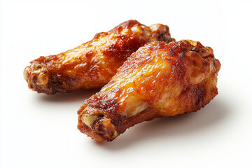 Two Delicious Glazed Chicken Wings Isolated on White, Appetizing Culinary Still Life