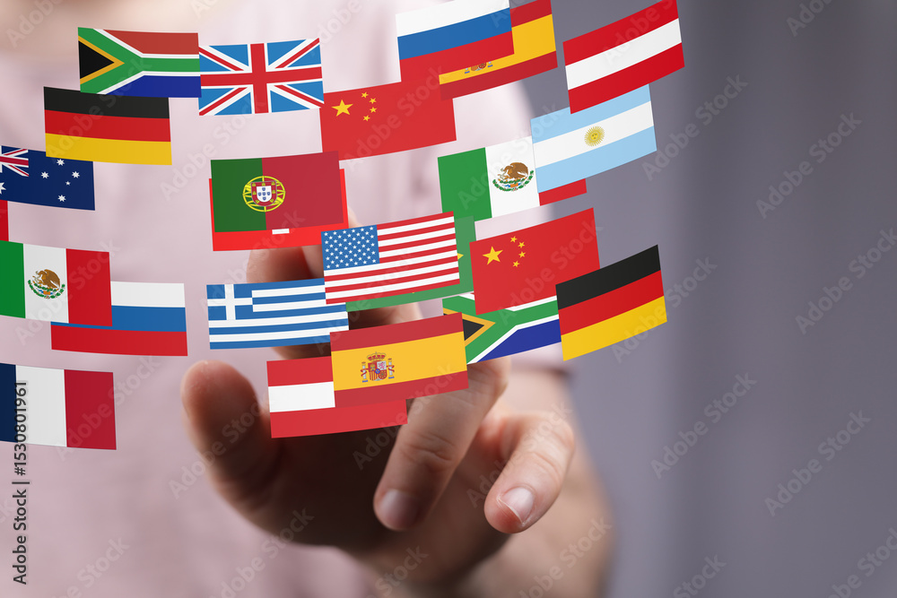 Aufkleber Image of a hand interacting with digital flags representing global communication and international relations.