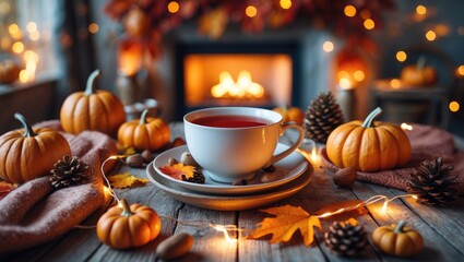 Autumn rural banner featuring a warm cup of tea, pumpkins, fall leaves, nuts, a cozy scarf, and lights on a rustic wooden table. Autumn still life. Hygge fall home.