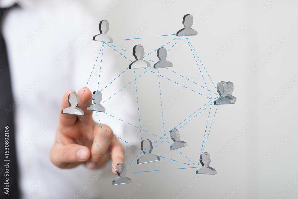 Poster person touching a digital network of people, symbolizing teamwork and global connection.