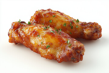 Two Glazed Chicken Wings Sprinkled with Fresh Parsley Against a White Background