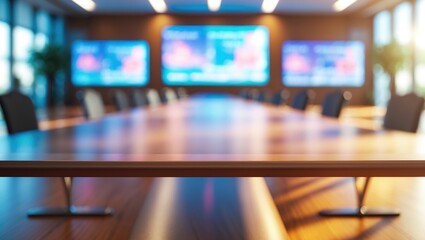 Abstract blur background of conference meeting room in large hall with screen and projector. Bokeh warm vintage tone effect image.