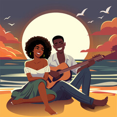 Couple in love on the beach with guitar