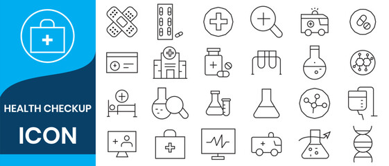 Health Checkup icon set. Medical care patient diagnosis icon collection. Containing report, care, laboratory, exam, healthy, check, hospital and more. Icons for design. Health line icons.