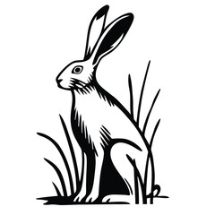 Monochrome hare sits amid blades of grass, rendering in a stylized line art form