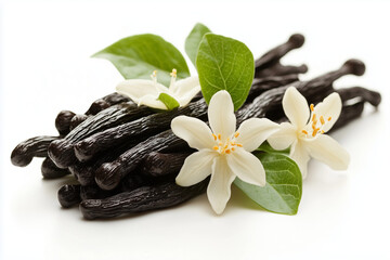 Vanilla Beans with Flowers and Leaves on White Background Culinary and Aromatic Theme