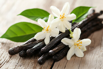 Vanilla Beans with Blossoms and Green Leaves on Rustic Wood Surface Still Life