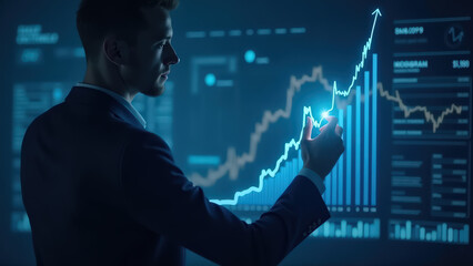 Futuristic Businessman Drawing Glowing Financial Chart on Holographic Interface