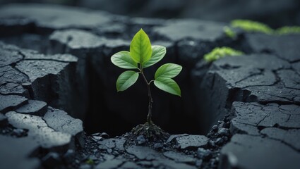 A plant emerges through a crack in the surface.