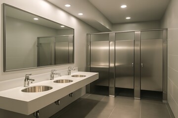 Modern commercial restroom features sleek stainless steel sinks, row of private stalls with reflective metal doors. Well-lit interior.