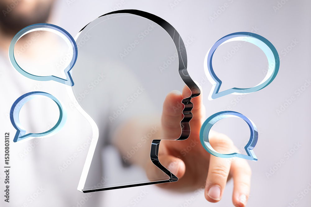 Poster abstract image of person interacting with digital speech bubbles, representing communication and con