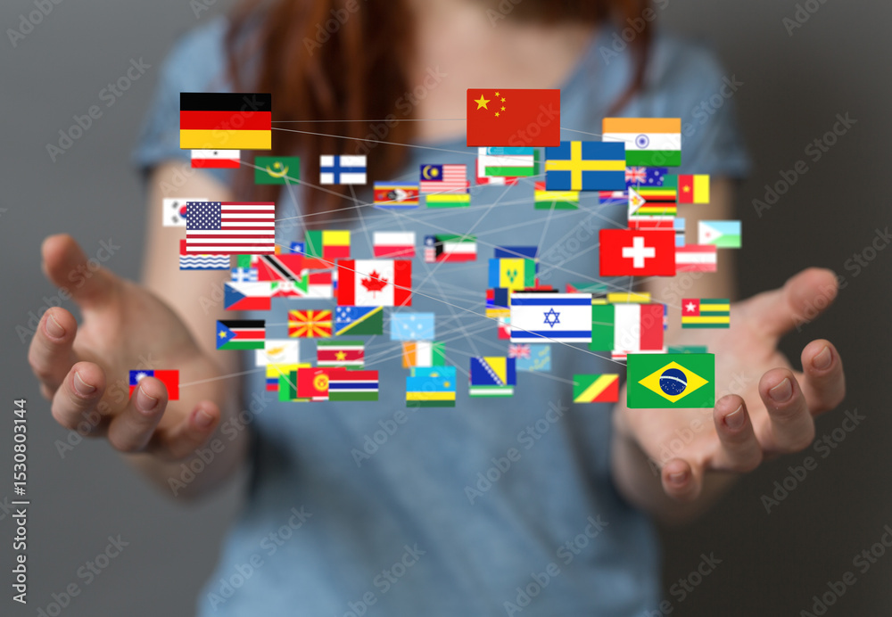 Poster Image of hands holding a network of interconnected flags representing global connections.