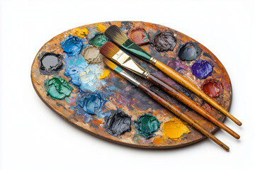 Wooden Palette with Colorful Oil Paints and Three Paintbrushes Resting on a White Surface
