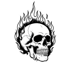 A skull engulfed in flames is isolated on transparent background
