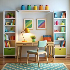 Colorful, organized home office nook with bright accents.  A study space with wooden furniture, colorful containers, and books