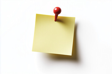 Yellow Sticky Note Pinned to White Background with Red Pushpin Closeup