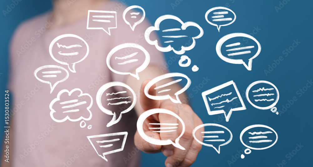 Aufkleber Hand interacting with floating speech bubbles.  Communication concept.
