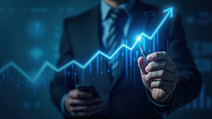 Futuristic Businessman Drawing Glowing Financial Chart on Holographic Interface