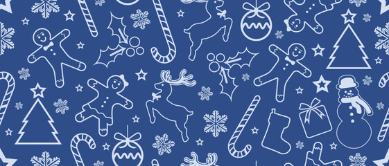 Christmas Outline Seamless Pattern. Christmas and New year Holiday Repeatable Pattern. Decorative Elements Texture for Wallpaper, Gift Wrapping paper, Card or Banner Template or Fabric Textile Prints.