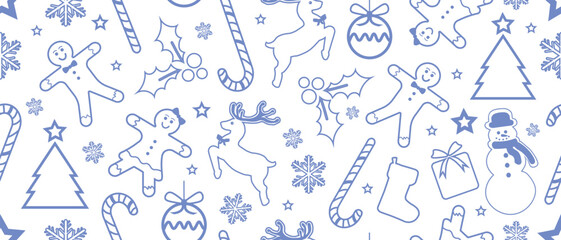 Christmas Outline Seamless Pattern. Christmas and New year Holiday Repeatable Pattern. Decorative Elements Texture for Wallpaper, Gift Wrapping paper, Card or Banner Template or Fabric Textile Prints.