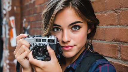 Young woman with brown hair and blue eyes holding a vintage camera outdoors