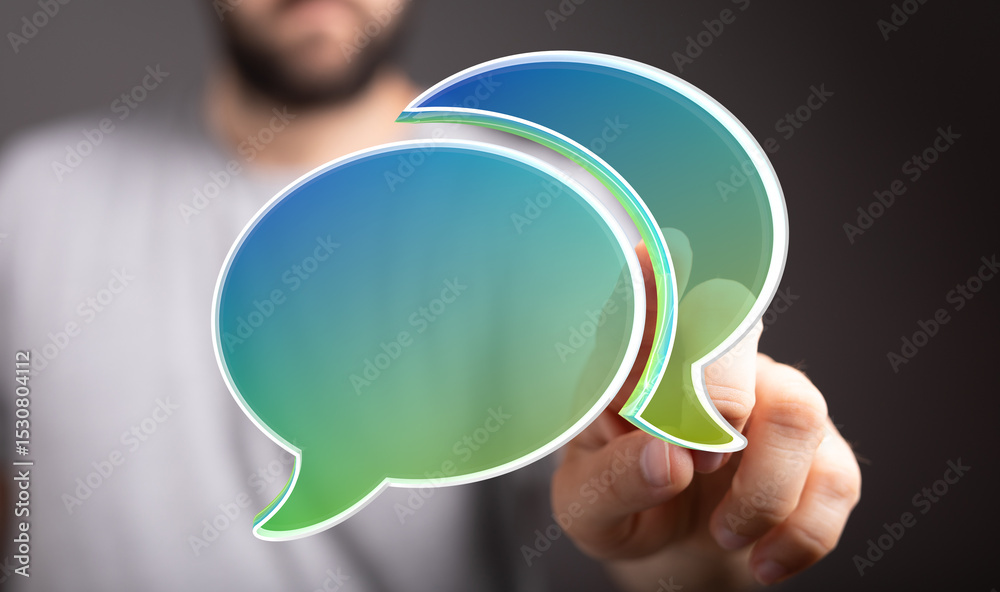 Poster Abstract image of a person interacting with digital speech bubbles, representing communication and technology.