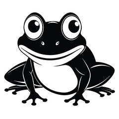 Cartoon frog with large eyes sits attentively in black and white monochrome style