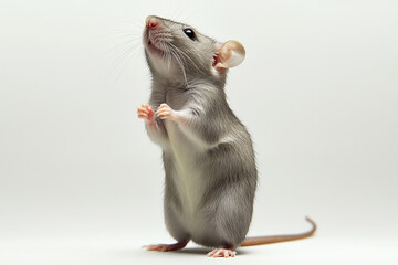 Adorable Gray Rat Standing on Hind Legs with Paws Up Against White Background