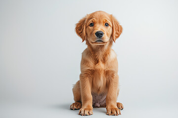 Adorable Golden Retriever Puppy Sitting Upright on Light Background with a Sweet Expression