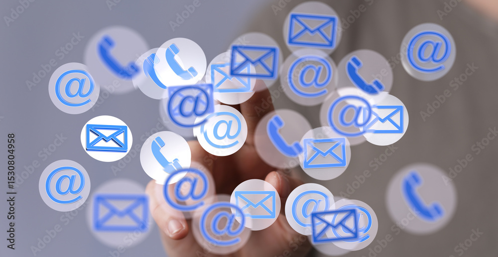 Poster Hand interacting with digital icons representing email, phone calls, and the @ symbol, symbolizing global communication.