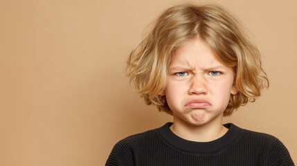 Young boy shows frustration with a frown against a neutral background during an indoor moment of displeasure