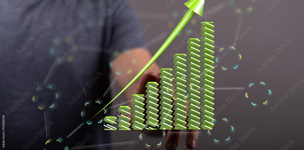 Poster stock photo of a hand interacting with a 3d bar graph showing significant growth and upward trend.