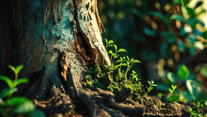 Obraz premium A dried and damaged plant stem with a coarse fiber texture, encircled by tiny green shoots emerging at the base. The backdrop features green plants and additional drying stems.