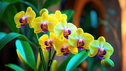 Beautiful blooming bright yellow dendrobium, a genus comprising mostly epiphytic and lithophytic orchids within the Orchidaceae family.