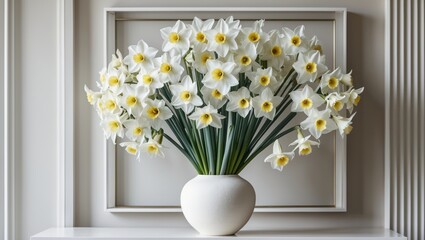 An interior that has been decorated. The interior design features a white frame and a vase of white daffodils.