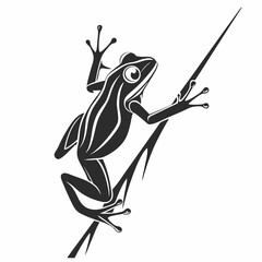Detailed black and white frog artfully grips a slender reedlike stalk gracefully