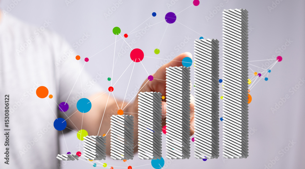 Poster stock photo of a hand interacting with a 3d bar graph showing growth. ideal for business, finance, a