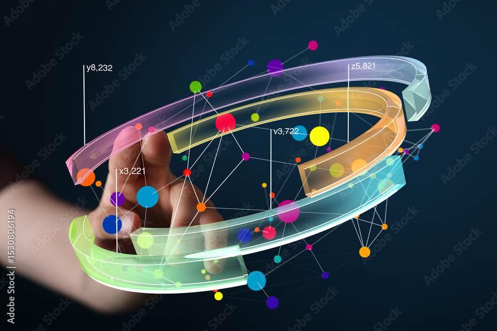 Poster Hand interacting with a vibrant 3D data visualization chart.  Perfect for technology, analytics, and business concepts.