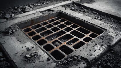 A worn metal grate lies flush with the ground, with debris and fragments of wire mesh visible inside.