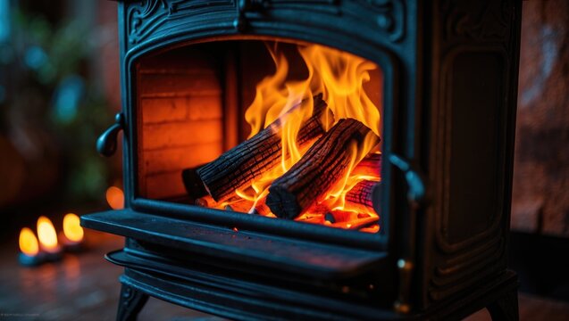 A metal wood-burning stove containing a fire with orange and yellow flames. - Powered by Adobe