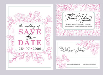 Save the Date and RSVP set. Botanical wedding invitation template design, white magnolia flowers and leaves. Template design with highly detailed, vector, realistic spring flowers.