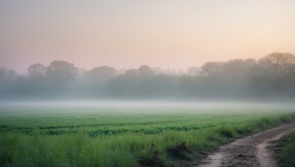 Obraz premium A peaceful farmland landscape at sunrise, featuring a green field and a row of trees silhouetted against a gentle, colorful sky.