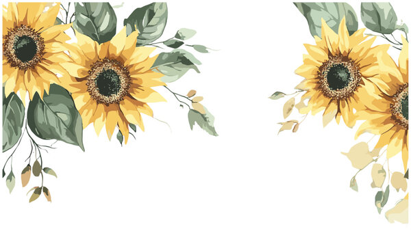 Watercolor sunflowers border with foliage, floral botanical art, invitation card design for weddings and birthdays, summer holiday background, vector illustration, floral pattern, rustic style.